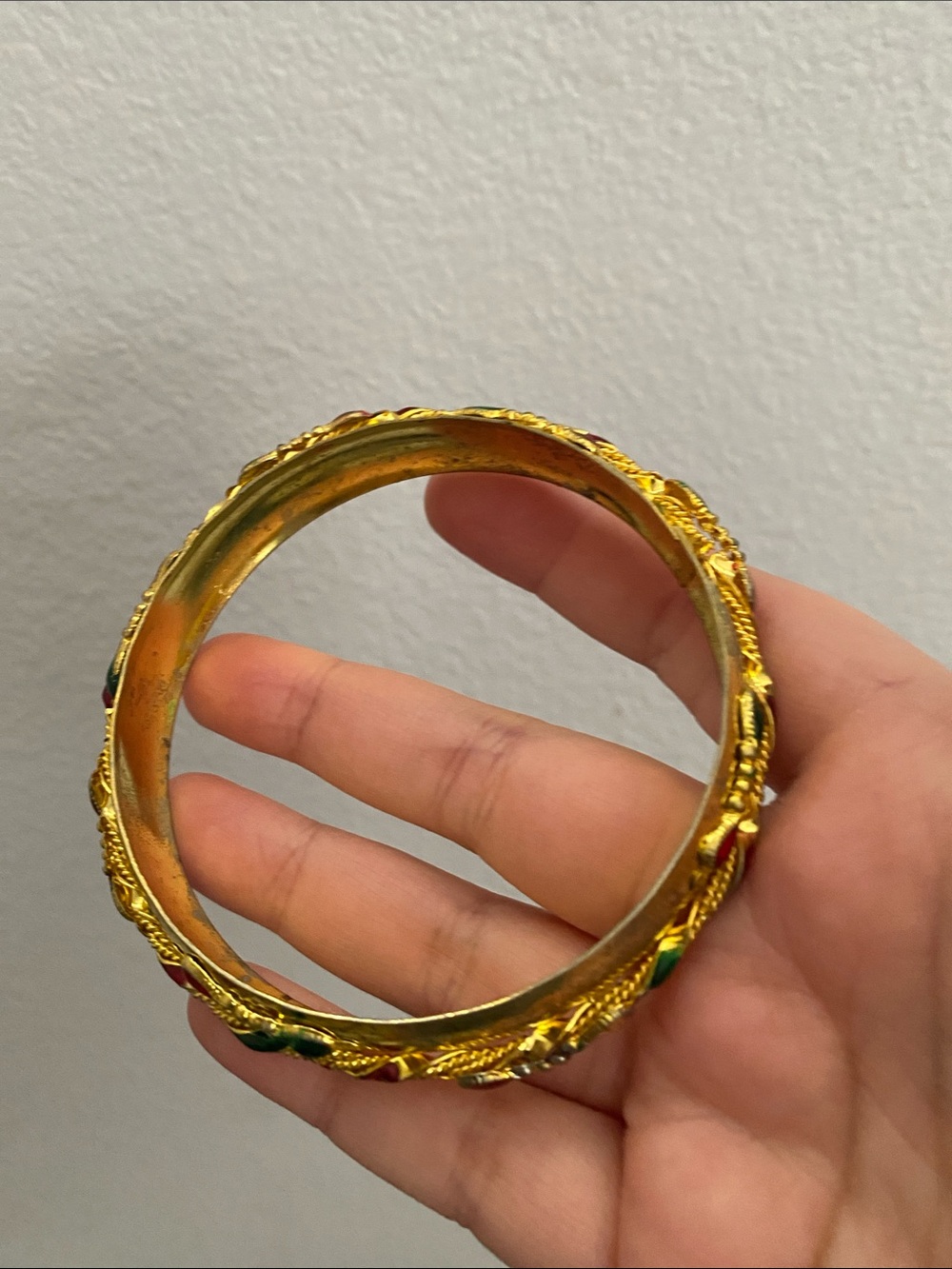 Gold-Tone Women’s Bangle Bracelet with Red and Green Accents - Picture 2 of 6